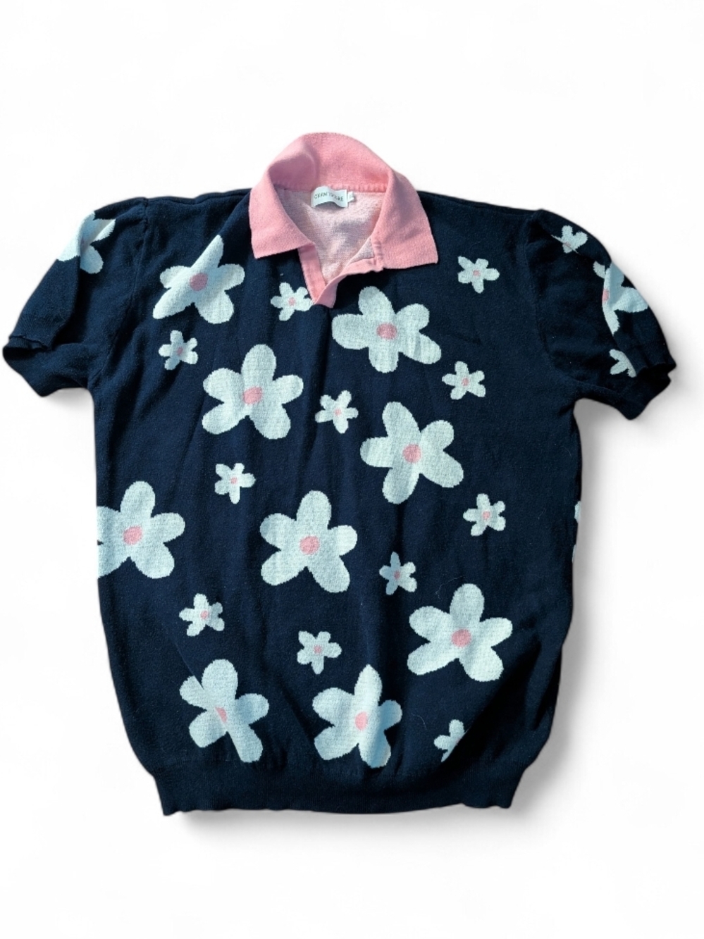 Men's Navy Floral Retro Polo Top with Pink Collar
